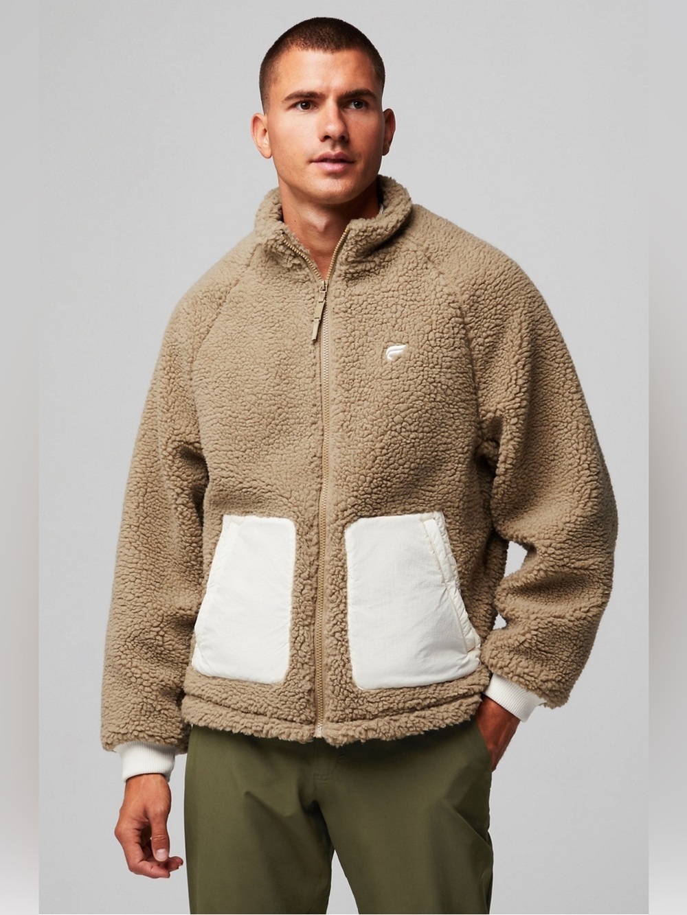 Fabletics The Après Sherpa Jacket Tan Cream Unisex Full Zip Size S NWT
